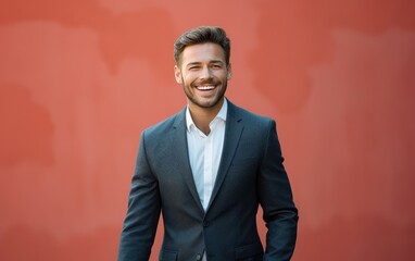 Wall Mural - smiling confident businessman, wearing suit, walking, solid light red background