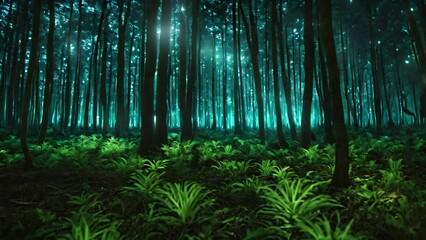 Canvas Print - a dense forest teeming with vibrant green plants under the canopy The abundance of foliage creates a lush and thriving ecosystem, An ethereal Bioluminescent forest in the depths of night, AI Generated