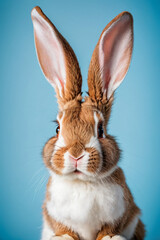 Wall Mural - Adorable Easter bunny with big ears on light blue background