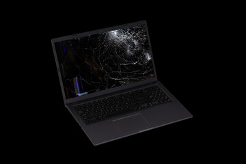 open laptop on broken screen isolated on black background