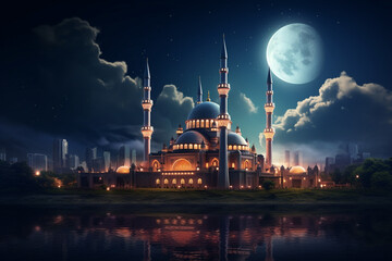 Big mosque in the city at night under the big moon with beautiful sky