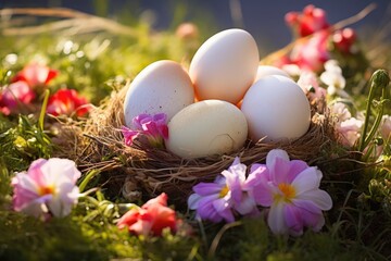  Bright and fresh easter egg display in natural setting among spring flowers and grass