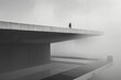 Minimalist architecture emerging through dense fog, high contrast and simplicity