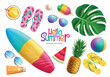 Summer elements vector set design. Hello summer greeting text with surfboard, flipflop, monstera, pineapple and beachball in colorful beach elements collection isolated in white background. Vector 