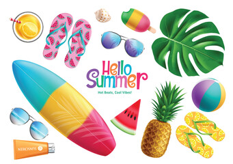 Wall Mural - summer elements vector set design. hello summer greeting text with surfboard, flipflop, monstera, pi
