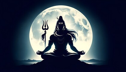 Wall Mural - Lord shiva silhouette with full moon background for maha shivratri.