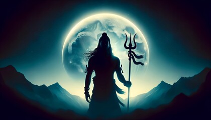 Wall Mural - Silhouette of a lord shiva with a trident against a full moon in the background.
