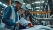An engineering team, wearing hard hats and safety glasses, is deeply engaged in discussing project plans on the factory floor.