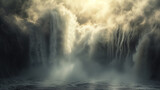 Fototapeta Niebo - Liquid mercury cascading down a smoky, high-definition waterfall