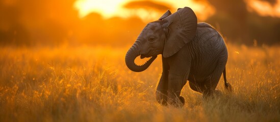 Wall Mural - An Elephant calf is frolicking in a grassy field as the sun sets, creating a picturesque scene in the natural landscape