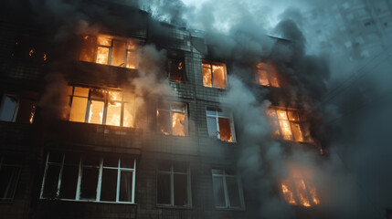 Wall Mural - Fire in the building. Burning house in the flames of fire. House Fire at night. 