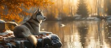 A Big Fawncolored Husky Dog Breed Is Calmly Sitting On A Rock Near The Lake, Surrounded By A Natural Landscape With Trees And Water