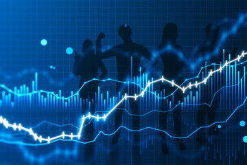 Poster - Group of businesspeople silhouettes with glowing and growing business chart on blurry blue grid background. Financial growth, trade and stock concept.