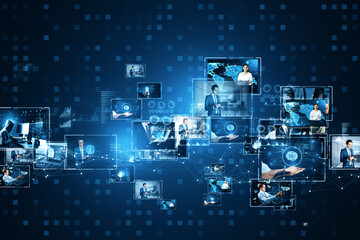 Network of digital screens displaying professionals in technology and media on a dynamic blue background