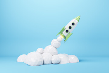 Wall Mural - stylized rocket launch with geometric clouds against a blue background. startup concept. 3d renderin