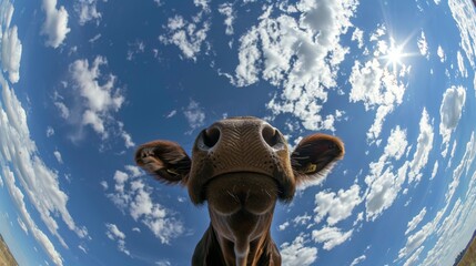 Poster - Bottom view of a cow against the sky. An unusual look at animals. 