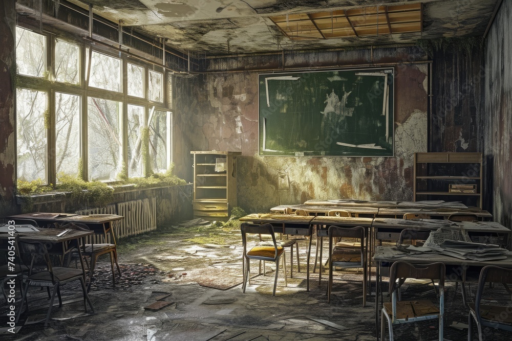 An old classroom with rows of wooden desks and a chalkboard at the ...