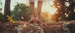 © orendesain99 - Close up woman bare feet standing barefoot on ground outdoors sunset background. AI generated image