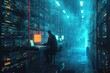A man sits at a desk in a dark room, engrossed in his work, Conceptual artwork representing the accessibility of NAS storage, AI Generated