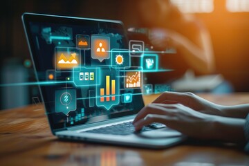 A person focusing on typing on a laptop as a variety of icons emerge from the screen, Conceptual image of digital marketing strategies and growth, AI Generated