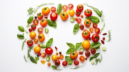 Wall Mural - Colorful pizza ingredients pattern made of cherry tomatoes, basil and cheese on white background. Cooking concept