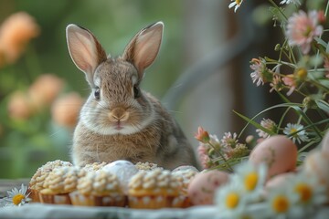 Sticker - Easter Bunny Delight: Small Rabbit Sits Amidst Decorated Eggs and Festive Cake