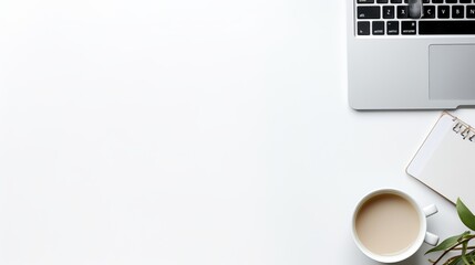 Desk with laptop, eye glasses, earphone, pen, document clips and a cup of coffee. Top view with copy space
