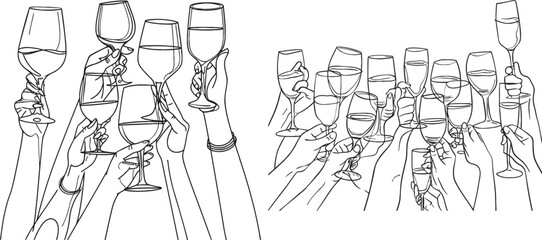 Wall Mural - Continuous one line drawing. Hands cheering with glasses of wine