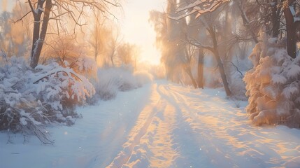 Poster - Golden sunrise over a snowy path surrounded by frost-covered trees. serene winter landscape perfect for calm backgrounds or seasonal content. AI