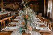 © Iftikhar alam - A wooden table is adorned with a vase filled with a vibrant arrangement of flowers, Cozy rustic wedding in an old farmhouse, AI Generated
