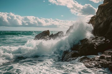 Wall Mural - A photo of a rocky shore where powerful waves collide and crash against the rocks, Crashing waves against a rocky seashore, AI Generated