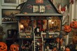 A doll house fully decorated for Halloween, featuring pumpkins, spooky decorations, and thematic adornments, Creepy dollhouse filled with Halloween decorations, AI Generated