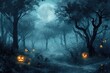 A painting depicting a forest scene with an abundance of pumpkins scattered among the trees, Dark moonlit forest with wandering jack o' lanterns, AI Generated
