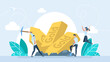 Gold mining. Concept of business profit, wealth, luxury, success, money. Miner characters working on quarry digging soil with shovel extracting gold ingots. Vector Illustration