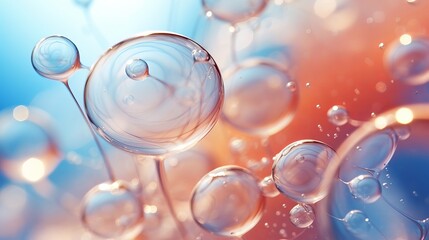 Wall Mural - Scientific image of cell membrane. Macro up of liquid substances. Abstract molecule atom sctructure. Water bubbles. Macro shot of air or molecule. Biology, physics or chemistry abstract background