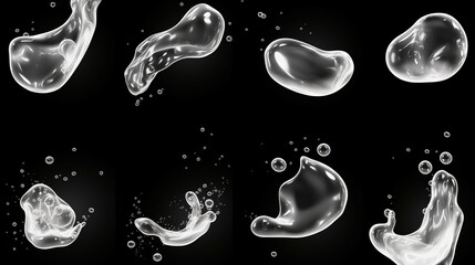 Canvas Print - Set liquid white foam from soap or shampoo or shower gel. Abstract bubbles. isolated on a black background