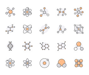 Wall Mural - Molecule flat line icons set. Chemistry science, molecular structure, chemical laboratory dna cell protein vector illustrations. Outline signs scientific research. Orange color, Editable Stroke