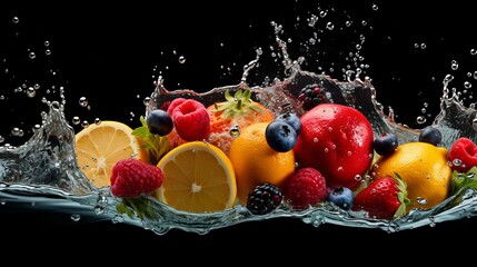  Splashing fruit on water. Fresh Fruit and Vegetables being  shot as they submerged under water.  Illustration of Washing food before being process further into a healthy and natural food