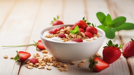 Wall Mural - Strawberry organic granola with milk and pink spoon on light kitchen board. Top view