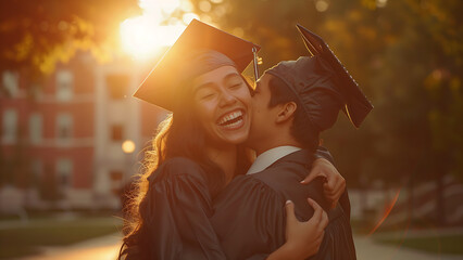 Scene of a graduate wearing a graduation cap and hugging his girlfriend.