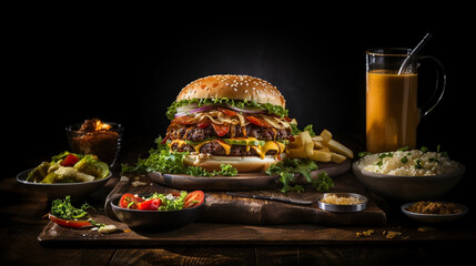 Wall Mural - Close-up food photograph of a burger with full of vegetables and meat in dark background  