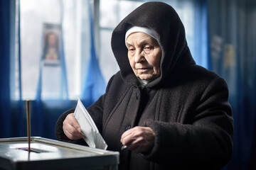 Wall Mural - Senior woman in warm clothes putting a ballot into a voting box during elections