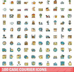 Poster - 100 case courier icons set. Color line set of case courier vector icons thin line color flat on white
