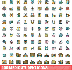 Canvas Print - 100 medic student icons set. Color line set of medic student vector icons thin line color flat on white