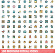 © ylivdesign - 100 morning ritual icons set. Color line set of morning ritual vector icons thin line color flat on white