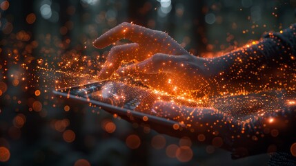 Poster - Internet of Things, global network connection, digital software development. Man using digital tablet and laptop with global network connection, computer code.