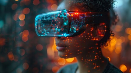 Aufkleber - Conceptual photograph of a person experiencing a metaverse virtual world in a smart phone using blockchain technology. Futuristic tone.