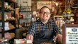 © ChaoticMind - A cheerful shopkeeper greets his customer with a warm smile as he stands among the neatly arranged shelves of food, donning a pair of stylish glasses and a casual yet professional attire