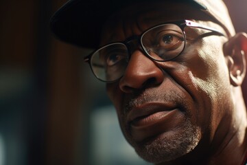 Sticker - Close up of a man wearing glasses and a hat, suitable for various concepts and designs