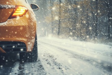 Poster - A yellow car driving down a snowy road. Suitable for winter travel concepts